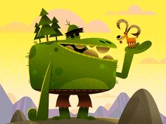 an illustration of a green creature with trees on it's head and mountains in the background