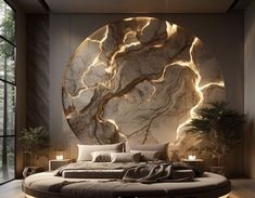 a large circular bed sitting in a bedroom next to a wall with lights on it