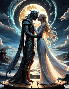 a man and woman are kissing in front of the moon