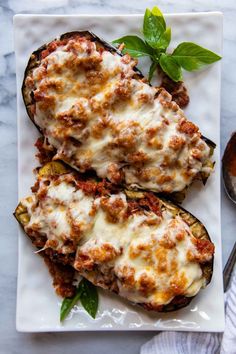 two stuffed eggplant halves on a white plate with sauce and green leafy garnish