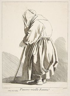 an old drawing of a person with a cane