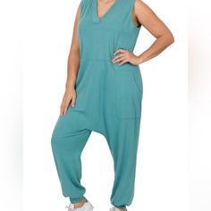 Zenana Plus Size Dusty Teal Sleeveless Harem Jumpsuit. New In Pkg Sizes Available 2x & 3x Bag 3 Bust 2x - 24 3x -25.5 Dusty Teal, Harem Jumpsuits, Pant Jumpsuit, Jumpsuit Romper, Blue Green, Pants For Women, Jumpsuit, Rompers, Plus Size