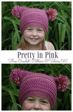 Pretty in Pink Double Pom Pom Hat Free Crochet Patterns Two Pom Pom Beanie, Crochet Double Pom Pom Hat Free Pattern, Crochet Hat With Two Pom Poms, Double Pom Pom Beanie Crochet, Crochet Double Pom Pom Hat, Baby Girl Crochet Hat, Toddler Hat Pattern, Crochet Toddler Hat, Crochet Pom Pom Hat