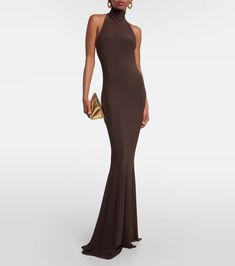 Turtleneck jersey gown in brown - Norma Kamali | Mytheresa Fitted Floor-length Elastane Dress, Formal Stretch High Neck Maxi Dress, Stretch Sleeveless Evening Dress In Elastane, Fitted Sleeveless Elastane Evening Dress, Sleeveless Stretch Elastane Evening Dress, Stretch Sleeveless Elastane Evening Dress, Stretch Elastane Evening Dress, Sleeveless Elastane Maxi Dress For Gala, Elastane Dresses For Parties