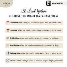 an info sheet with the words, all about motion choose the right data base view