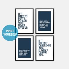 four blue and white posters with the words print yourself