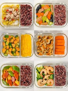 six plastic containers filled with different types of vegetables and meats on top of each other