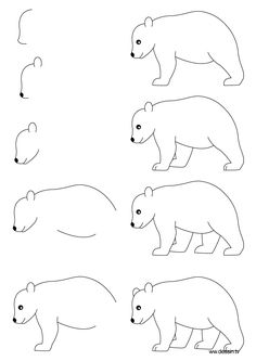 four bears are shown in black and white, with one bear on the left side