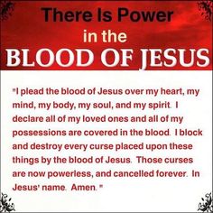 there is power in the blood of jesus with red background and black border around it