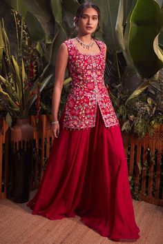 Featuring a red short kurta in organza base with zardosi embroidery. It is paired with matching sharara pants.   FIT: Fitted at bust and waist. COMPOSITION: Organza. CARE: Dry clean only. Aneesh Agarwaal, Flowy Silhouettes, Kurta With Sharara, Sharara Designs, Red Princess, Short Kurta