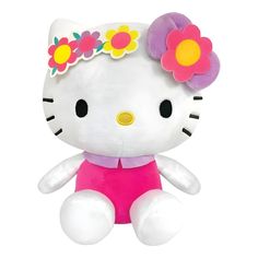 a hello kitty stuffed animal with flowers on it's head and pink dress, sitting in front of a white background