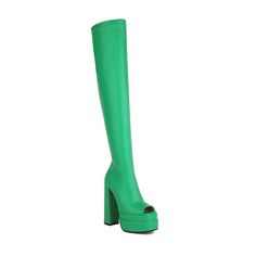 Looking for a fashion-forward and unique boot that will turn heads? Look no further than our gorgeous green thigh high boots! These stylish boots feature an open toe design and platform block heels for a look that's both fashionable and comfortable. Whether you're dressing up for a night out or just looking to add a pop of color to your outfit. these boots are sure to make a statement. Upper: Microfiber Lining: Leather Outsole: Rubber Toe: Open Toe Closure: Zip Heel: 14.5cm/6'' Platform: 5cm/5'' Green Thigh High Boots, High Boots Platform, Over Knee Boots, Unique Boots, Boots Platform, Zipper Heels, Platform Block Heels, Stylish Boots, Chunky Boots