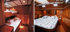 there are two pictures of the inside of a boat, one with a bed on it