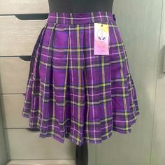 Purple Plaid Skirt It’s High Waist Size Small But Runs Very Small In The Waist Would Say It Would Best Fit A 24-25 Inch Waist Nwt Never Worn By Everland Clothing Length Is 16inches 12 1/2 Flat Across The Top Hankerchief Skirt, Purple Plaid Skirt, Elastic Waistband Skirt, Ribbon Skirts, Checkered Skirt, Orange Skirt, Printed Pleated Skirt, Purple Plaid, Embroidered Skirt