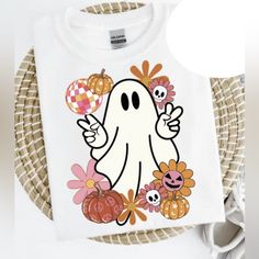 Nwt Groovy Ghost Shirt - Unisex, Buy Matching Earrings From @Boogeboutique Fun White T-shirt For Fall, Groovy Ghost, Blue And White Shorts, Harley Davidson Tee, Ghost Shirt, Usa Shirt, Workout Tshirts, Mens Crew Neck, Nike Shirts