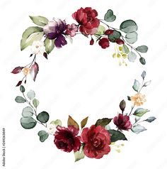 a watercolor wreath with flowers and leaves