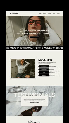 an image of a woman with sunglasses on her head and the words testimonals above it