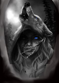 a woman with blue eyes and a wolf's head painted on her face in black and white