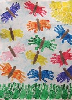 a child's handprint art project is displayed