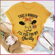 "Take A Number Cow Tee" 🍑 Sold by: PeachySunday.com #casuallook #itsallgood #funnymoms Trendy Stretch Fall T-shirt, Trendy Stretch T-shirt For Fall, Casual Tops With Funny Text For Spring, Casual Fall Tops With Funny Text, Stretch Graphic Tee For Fall, Spring Casual T-shirt With Funny Text, Casual Spring T-shirt With Funny Text, Fall Casual T-shirt With Funny Text, Casual Stretch Top With Funny Print