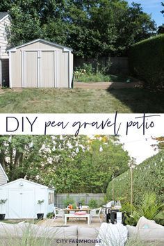 two pictures side by side with the words diy pea gravel patio