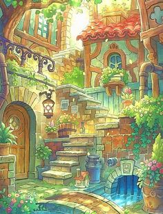 a painting of a house with stairs and flowers