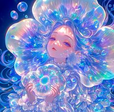 an illustration of a woman with blue hair and bubbles on her head, holding a bubble ball