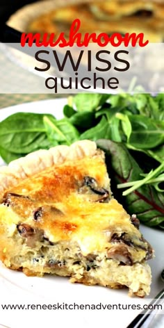 a slice of mushroom swiss quiche on a white plate with spinach leaves in the background