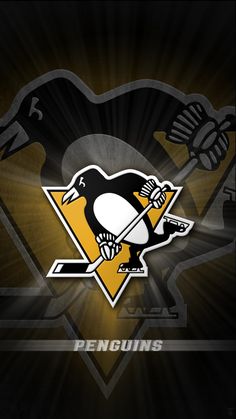 the pittsburgh penguins logo on a black and gold background with an image of a penguin holding a hockey stick