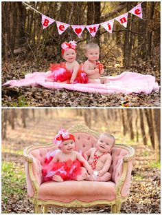 two babies are sitting on a pink couch in the woods and one is wearing a red dress