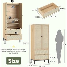 the measurements for an armoire with drawers and storage space in it, including one drawer