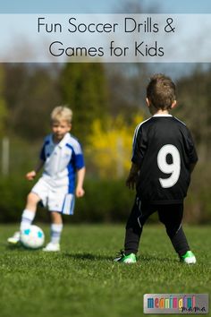 two young boys playing soccer on a field with the words fun soccer drills & games for kids