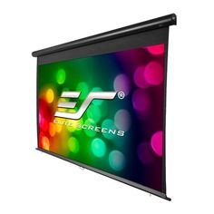 the motorized projection screen is shown with colorful lights in the background and an electronic logo on it