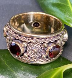 Almandine Garnet 14K Yellow Gold Wide Band Ring Etruscan Revival Cables Beading | eBay Ceremonial Ornate Rings With Decorative Band, Ornate Ceremonial Rings With Decorative Band, Antique Multi-stone Ruby Ring, Ornate Round Garnet Rings, Ornate Garnet Round Rings, Ornate 14k Stamped Ceremonial Jewelry, Ornate 14k Stamped Jewelry For Ceremonial Occasions, Ornate Hallmarked Ruby Ring, Ornate Hallmarked Round Ruby Ring