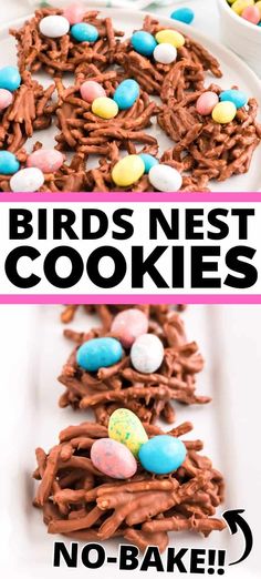 birds nest cookies on a white plate with chocolate eggs and candy in the background text reads no - bake