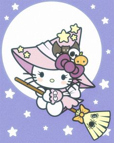 a hello kitty holding a broom in front of a full moon with stars on it