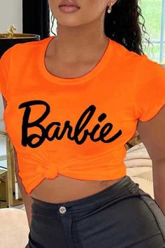 Red Street Daily Printed Patchwork Alphabet Barbie O-neck T-shirt Orange Short Sleeve Top With Letter Print, Trendy Orange Tops With Text Print, Trendy Orange Top With Text Print, Trendy Orange Crew Neck Top, Trendy Stretch Orange T-shirt, Orange Graphic Tee With Crew Neck, Red Street, Barbie Shop, Trendy Shirt Designs