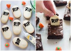 halloween treats made to look like brownies with tombstones and candy on them, including marshmallows