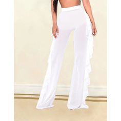 White Sheer Mesh Tasseled Bell Bottom Pants Chic Tassel Pants For Spring, Fitted Bottoms With Tassels For Spring, Chic White Bottoms With Fringe, Chic Fringe Summer Pants, Casual Bottoms With Tassels, White Bottoms With Tassels For Spring, Fitted Wide Leg Bottoms With Fringe, White Stretch Wide Leg Pants For Party, Spring Wide Leg Bottoms With Fringe