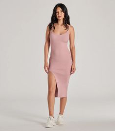 Achieve a perfectly stylish everyday look with this sleeveless ribbed knit midi dress! Designed with a comfortable ribbed knit fabric offering plenty of stretch, it features a V-neckline, spaghetti straps, a midi-length hem with a chic high front slit, and a form-hugging silhouette. Clear Mules, Hugging Silhouette, Mauve Dress, Cropped Denim Jacket, Knit Midi, Knit Midi Dress, Cropped Denim, Black Maxi Dress, Everyday Look