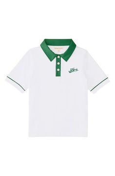 Kids can comfortably enjoy the sunshine in this stretchy, moisture-wicking performance polo featuring sporty piping and UPF 40+ sun protection. Button half polo 92% polyester, 8% spandex Machine wash, tumble dry Made in Portugal Green Sporty Polo Shirt, Sporty Green Collared Polo Shirt, Fitted Preppy Polo Shirt For Spring, Spring Fitted Preppy Polo Shirt, Spring Preppy Fitted Polo Shirt, Sporty Green Polo Shirt For Summer, Preppy Polo Shirt With Polo Collar For Summer, Summer Collared Polo Shirt With Moisture-wicking, Summer Polo Shirt With Contrast Trim