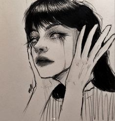 a drawing of a woman with her hands on her face