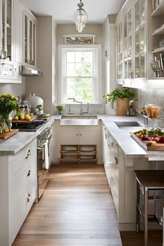 a kitchen filled with lots of white cabinets and counter top space next to a window