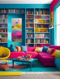 a living room with colorful furniture and bookshelves