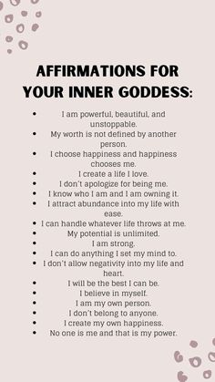 a poem with the words affirmations for your inner goddess written in black and white