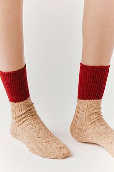 Just as cool as they are classic, these staple ankle socks are featured in a crew-inspired style and cable knit fabrication with color blocked, ribbed knit top piecing to add color and dimension. | Color Block Cable Ankle Socks by Hansel From Basel at Free People in Red Red Socks, Ribbed Knit Top, Basel, Ankle Socks, Fashion Styles, Leg Warmers, Boho Outfits, Cable Knit, Knit Top