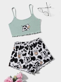 Cow Print Lettuce Trim PJ Set / Pajama Set Multicolor Cute  Sleeveless Fabric Cartoon Short Sets Slight Stretch All Women Sleep & Lounge, size features are:Bust: ,Length: ,Sleeve Length: Adrette Outfits, Cute Pjs, Cute Sleepwear, Cute Pajama Sets, Cute Dress Outfits, Trendy Outfits For Teens, Cute Lazy Outfits, Lazy Outfits, Cute Preppy Outfits