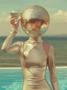 a woman with a disco ball on her head holding a wine glass in front of her face