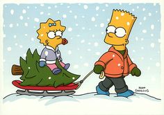 the simpsons characters are pulling a christmas tree on a sled