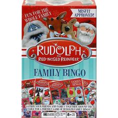 rudolph the red - nosed reindeer family bingo game is in its box and it's ready to be played